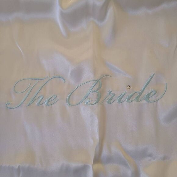 Linea Donatella Women's Satin Robe Embroidered "The Bride" Belted White S/M - Picture 2 of 14